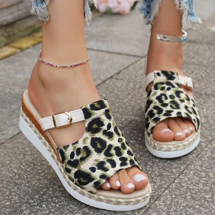 Women's Leopard Print Double-Buckle Espadrille Platform Sandals
