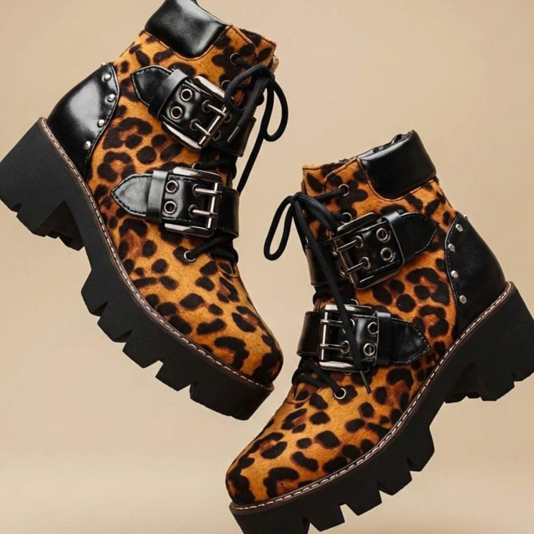 Women's Leopard Print Lace-Up Buckle Ankle Boots Chunky Sole - Leopard Orange