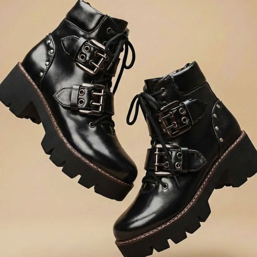 Women's Leopard Print Lace-Up Buckle Ankle Boots Chunky Sole - Jaguar Black