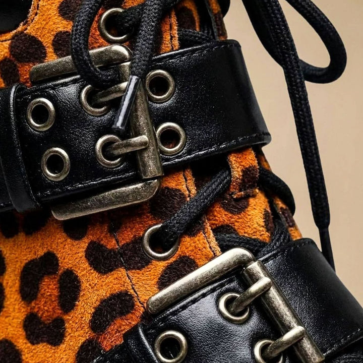 Women's Leopard Print Lace-Up Buckle Ankle Boots Chunky Sole