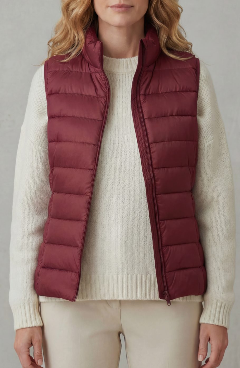 Women's Lightweight Layering Puffer Gilet Vest Zip-Up - Wine Red