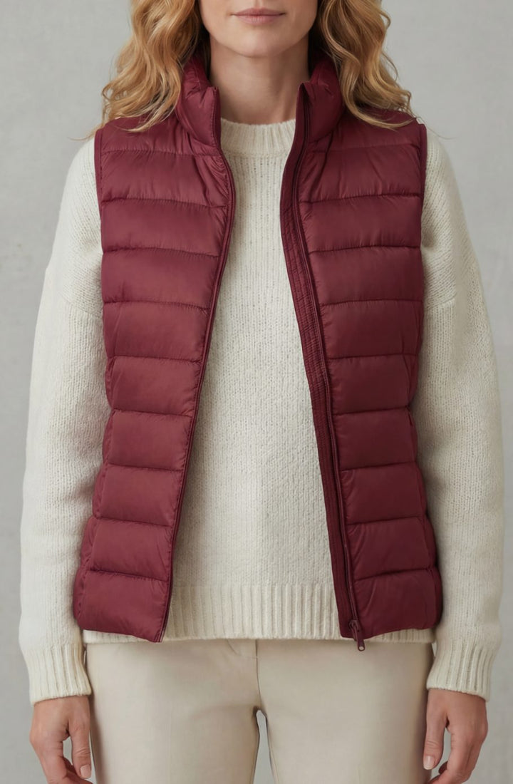 Women's Lightweight Layering Puffer Gilet Vest Zip-Up - Wine Red