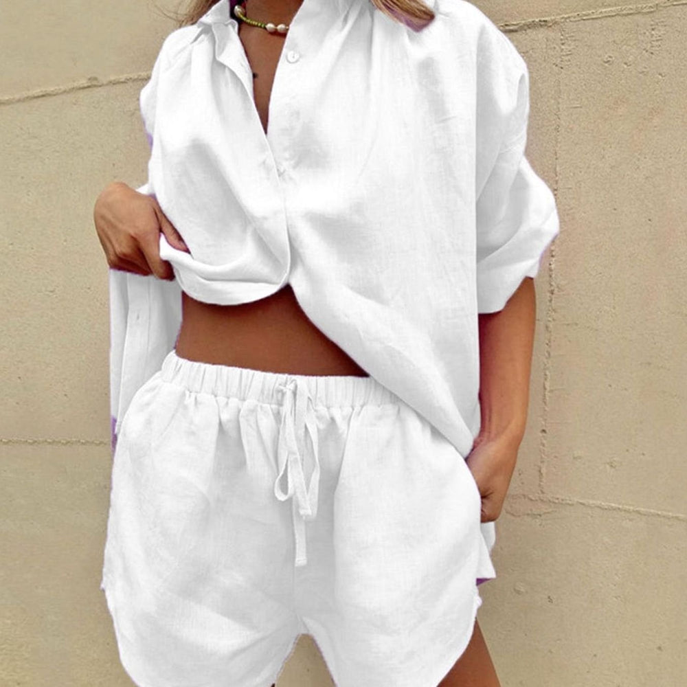 Women's Linen-Look Button-Up Short-Sleeve Shirt Shorts Two-Piece Set - White