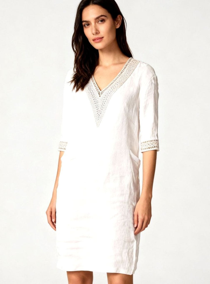 Women's Linen-Look V-Neck Crochet Trim Knee-Length Dress - White