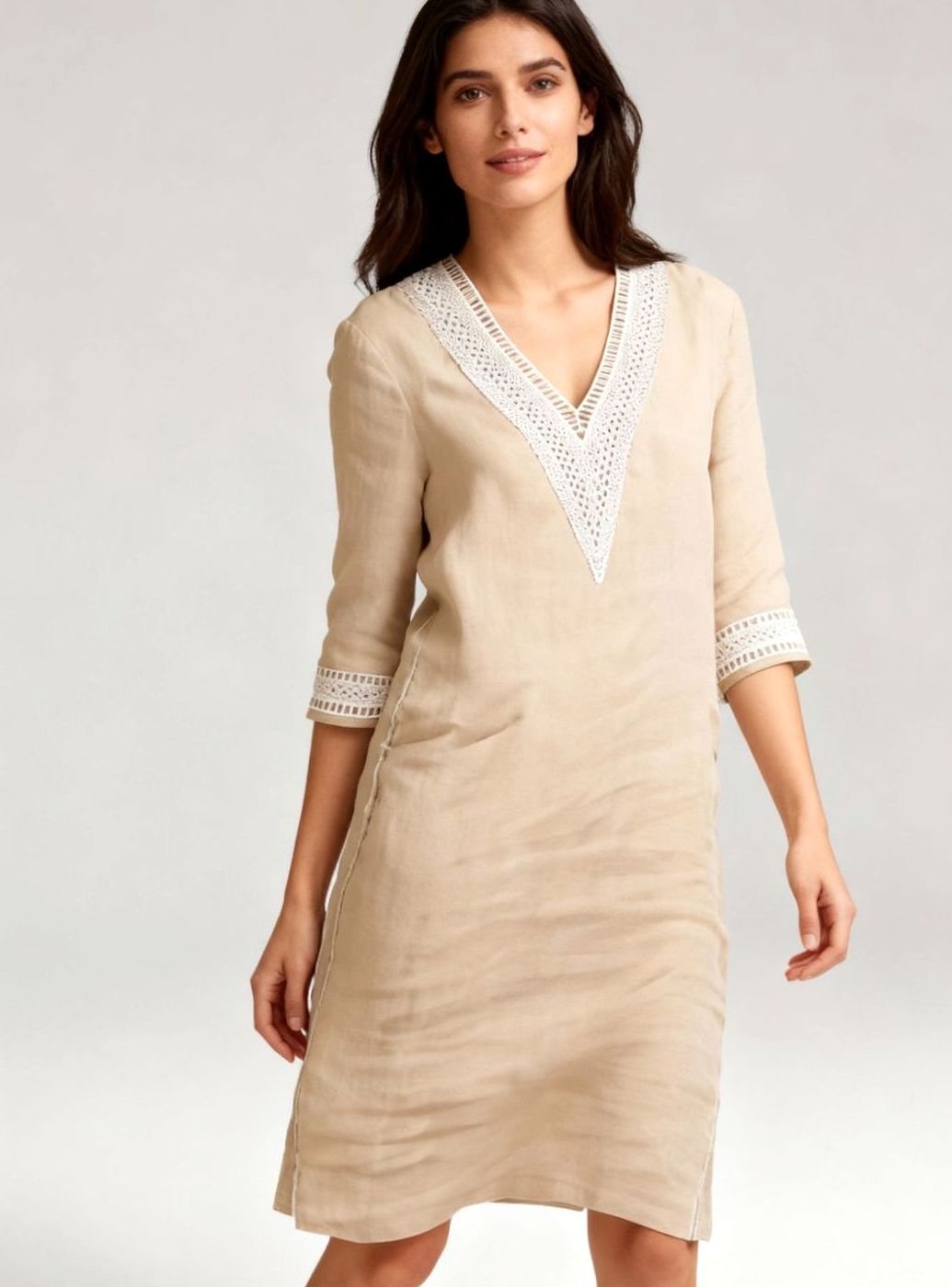 Women's Linen-Look V-Neck Crochet Trim Knee-Length Dress - Khaki