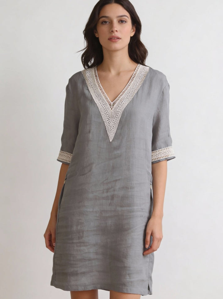Women's Linen-Look V-Neck Crochet Trim Knee-Length Dress - Grey