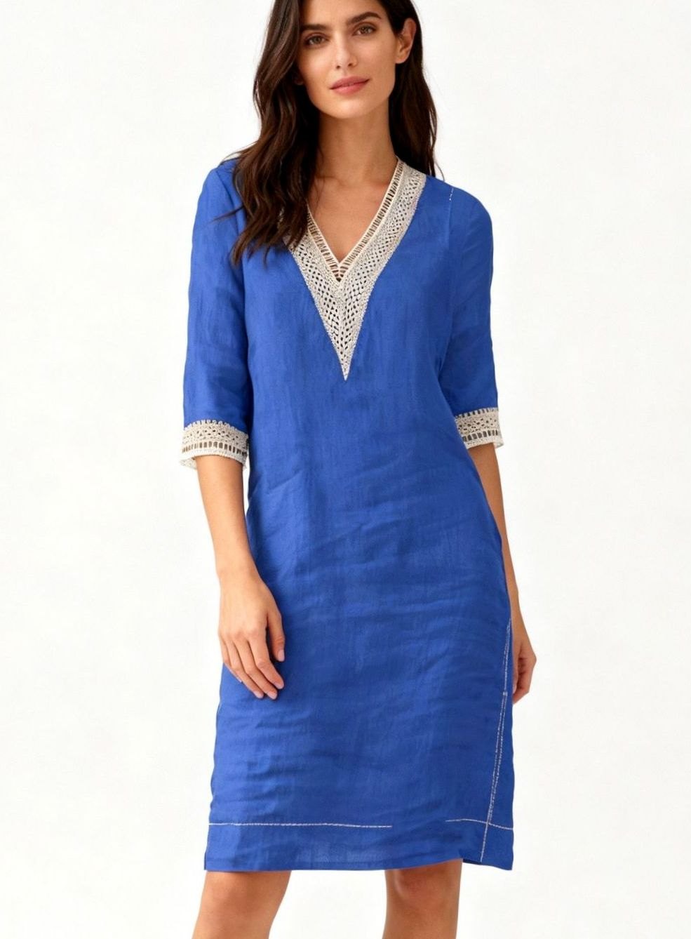 Women's Linen-Look V-Neck Crochet Trim Knee-Length Dress - Blue