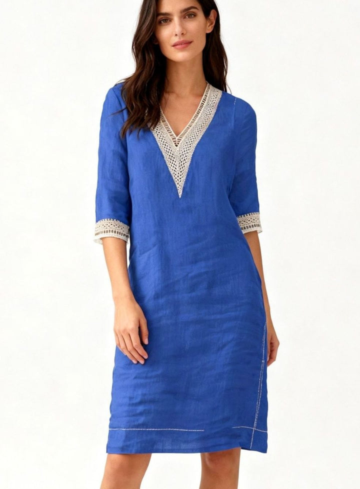 Women's Linen-Look V-Neck Crochet Trim Knee-Length Dress - Blue