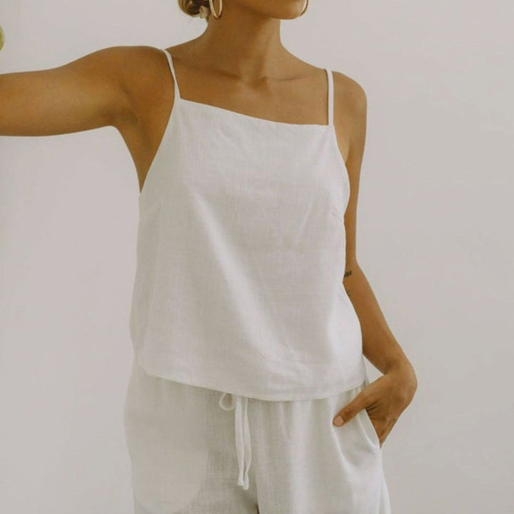Women's Linen Spaghetti-Strap Open-Back Cami Top, Cream