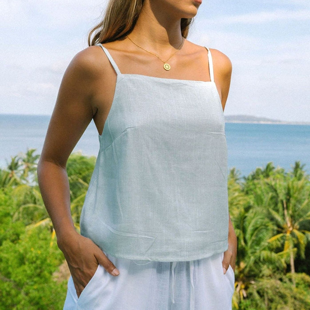 Women's Linen Spaghetti-Strap Open-Back Cami Top, Cream - Light Blue