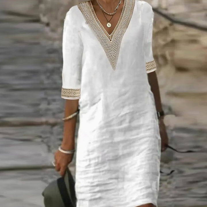 Women's Linen V-Neck Lace Trim Half-Sleeve Midi Dress - White