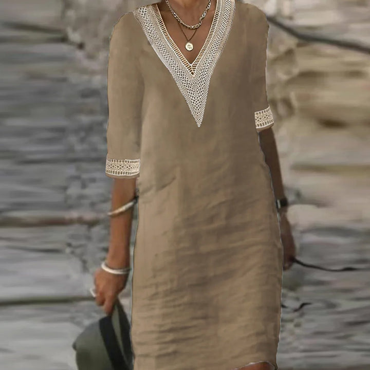 Women's Linen V-Neck Lace Trim Half-Sleeve Midi Dress - Khaki