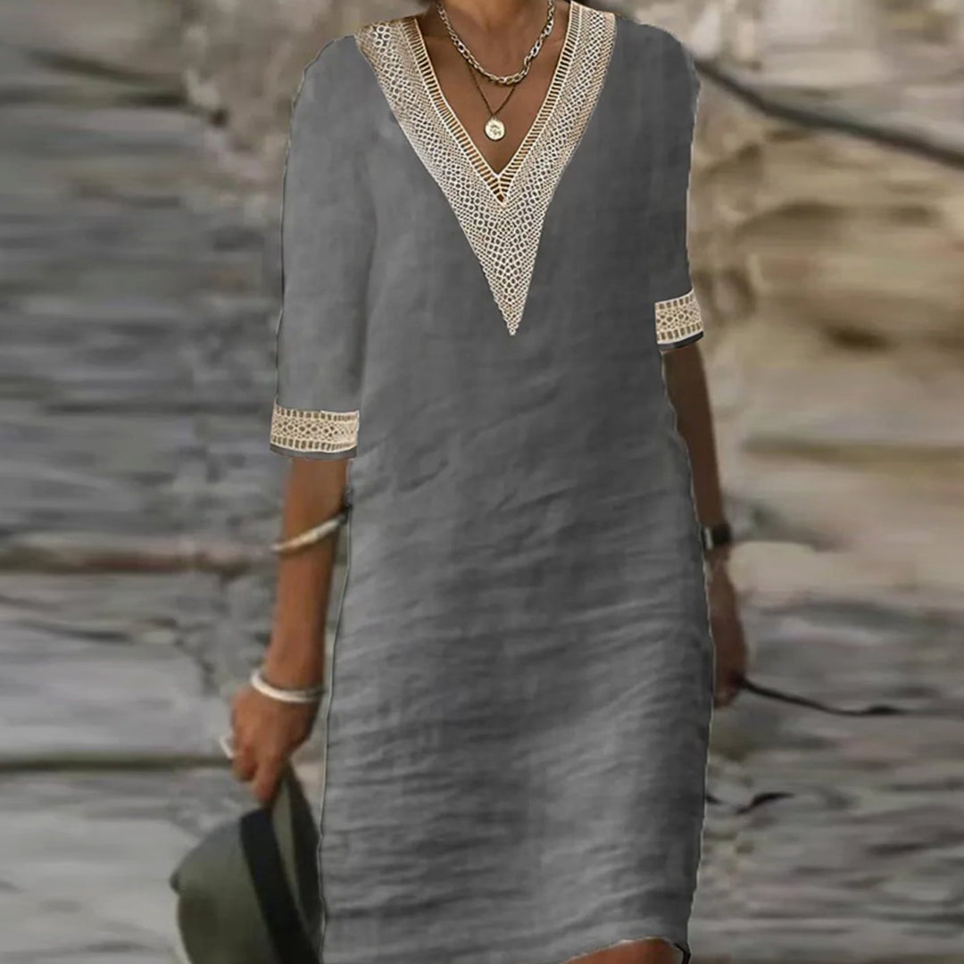 Women's Linen V-Neck Lace Trim Half-Sleeve Midi Dress - Grey