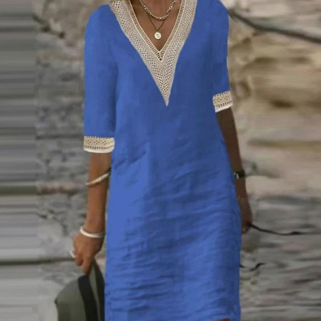 Women's Linen V-Neck Lace Trim Half-Sleeve Midi Dress - Blue