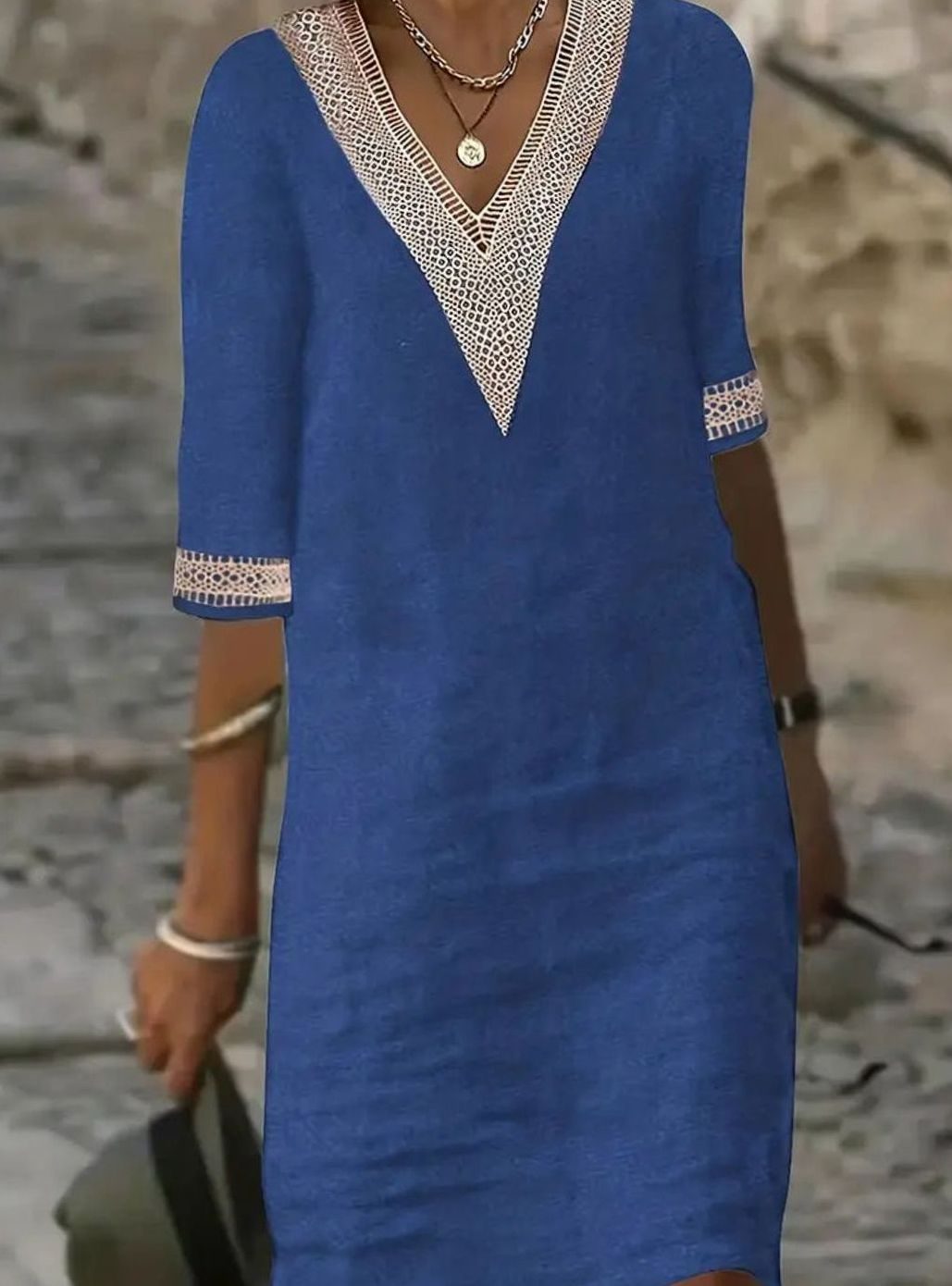 Women's Linen V-Neck Lace Trim Half-Sleeve Shift Dress - Blue