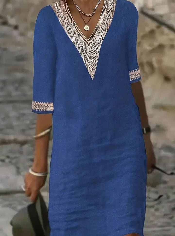 Women's Linen V-Neck Lace Trim Half-Sleeve Shift Dress - Blue