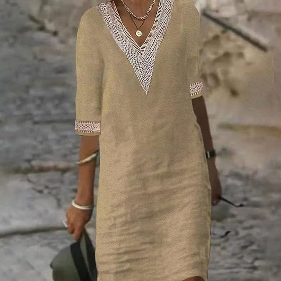 Women's Linen V-Neck Lace Trim Half-Sleeve Shift Dress - Khaki