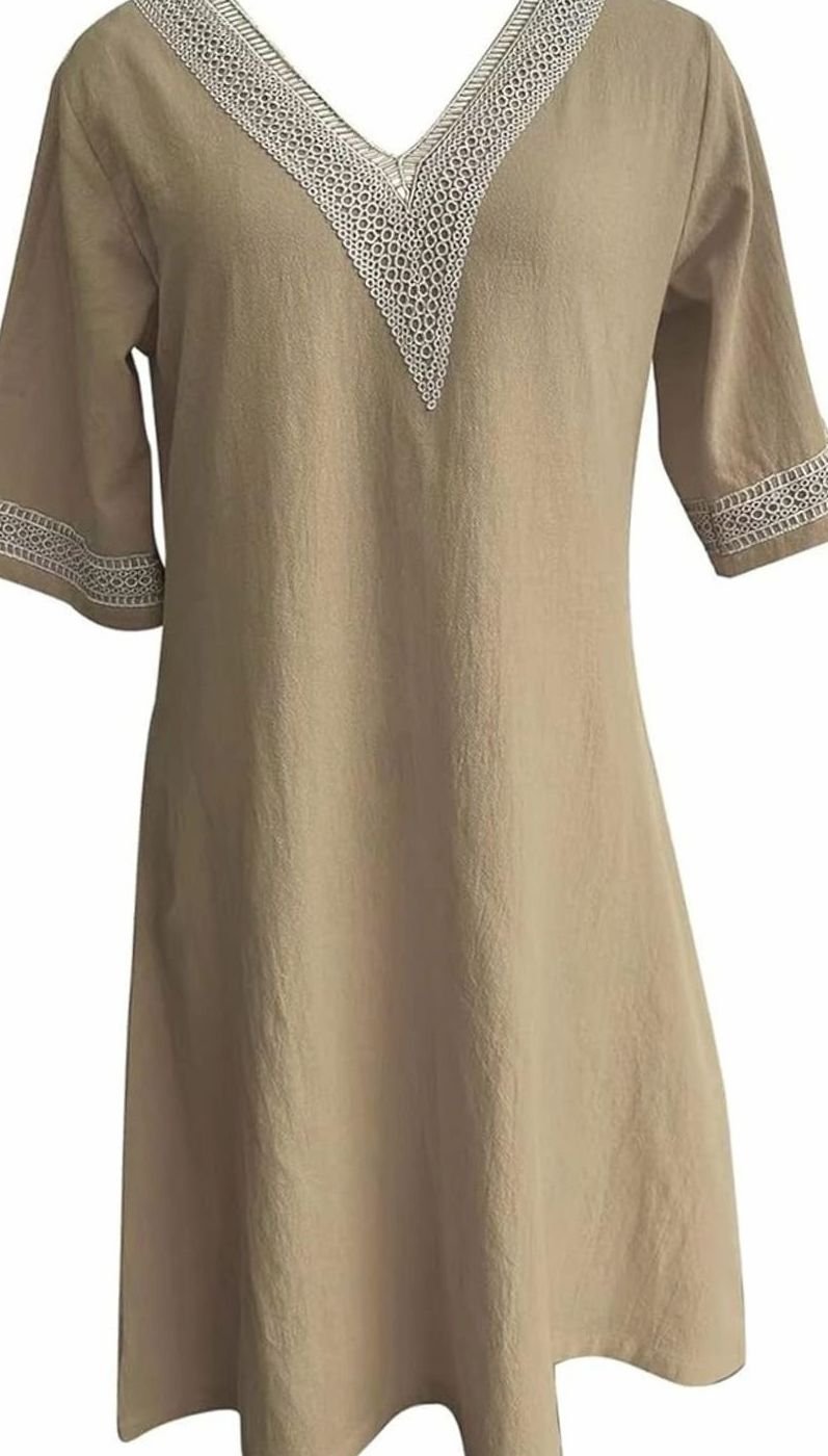 Women's Linen V-Neck Lace Trim Half-Sleeve Shift Dress