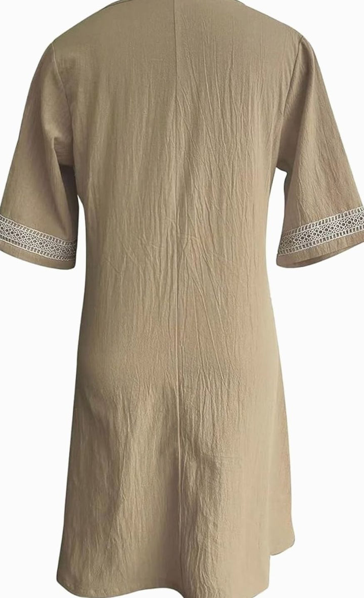 Women's Linen V-Neck Lace Trim Half-Sleeve Shift Dress