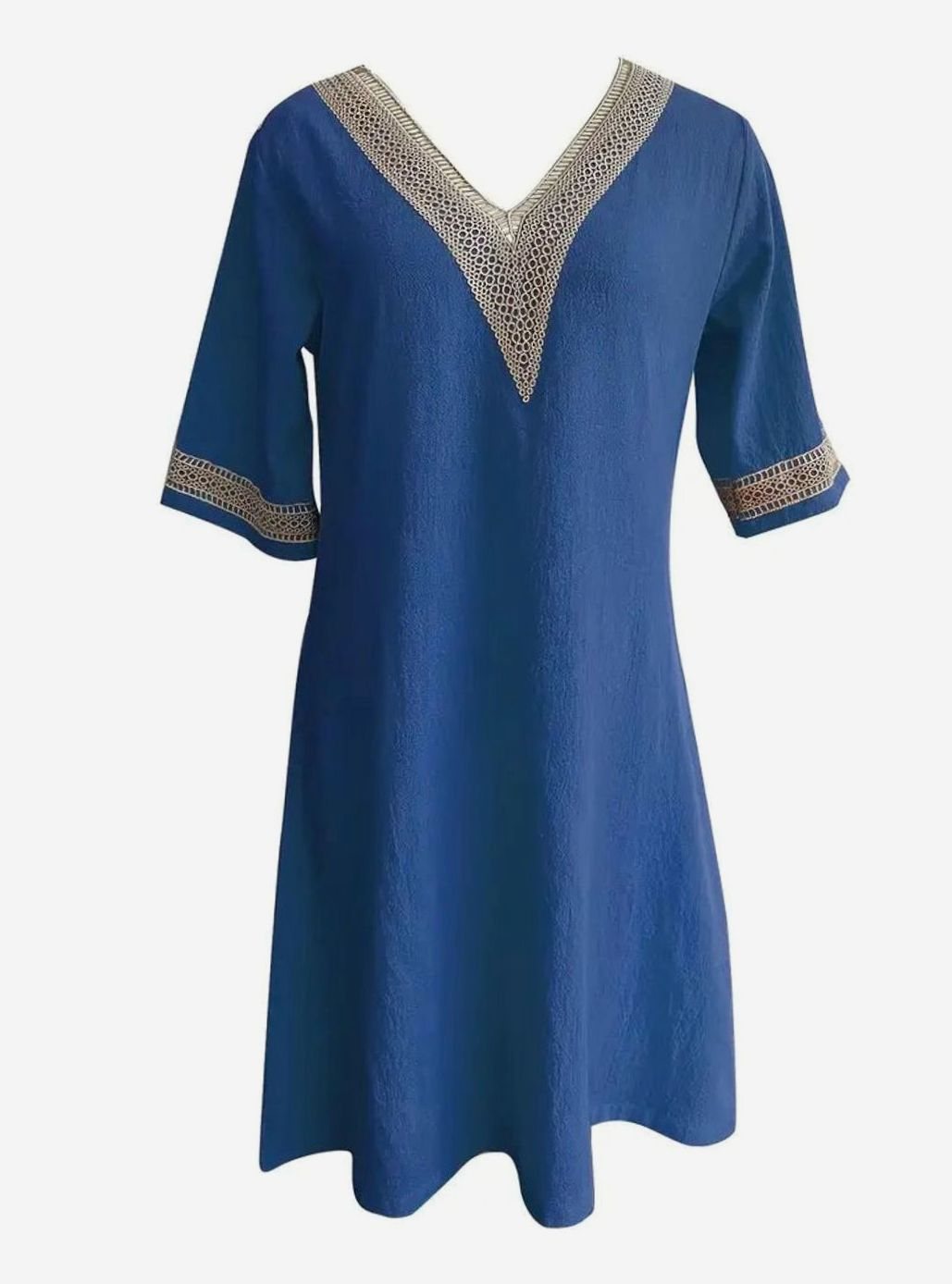 Women's Linen V-Neck Lace Trim Half-Sleeve Shift Dress