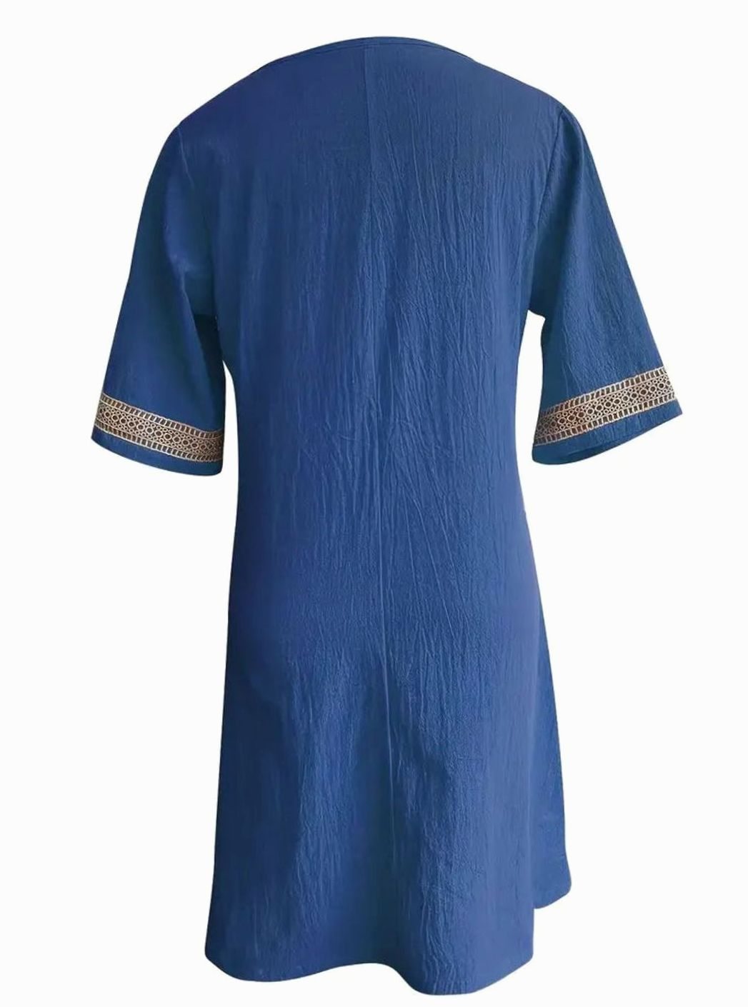 Women's Linen V-Neck Lace Trim Half-Sleeve Shift Dress