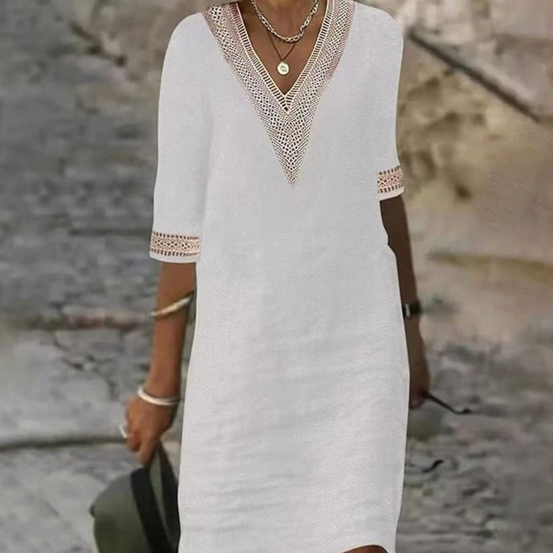 Women's Linen V-Neck Lace Trim Half-Sleeve Shift Dress - White