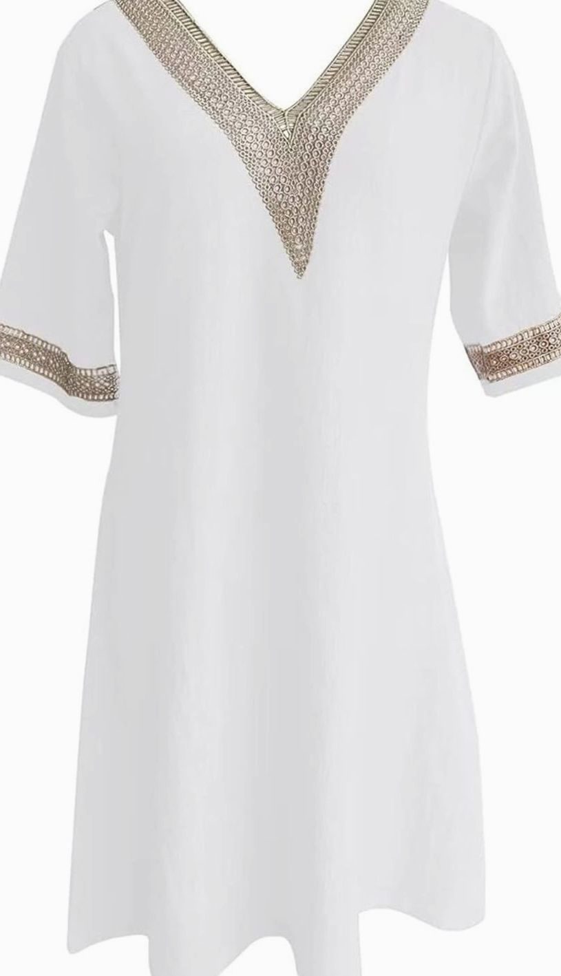 Women's Linen V-Neck Lace Trim Half-Sleeve Shift Dress