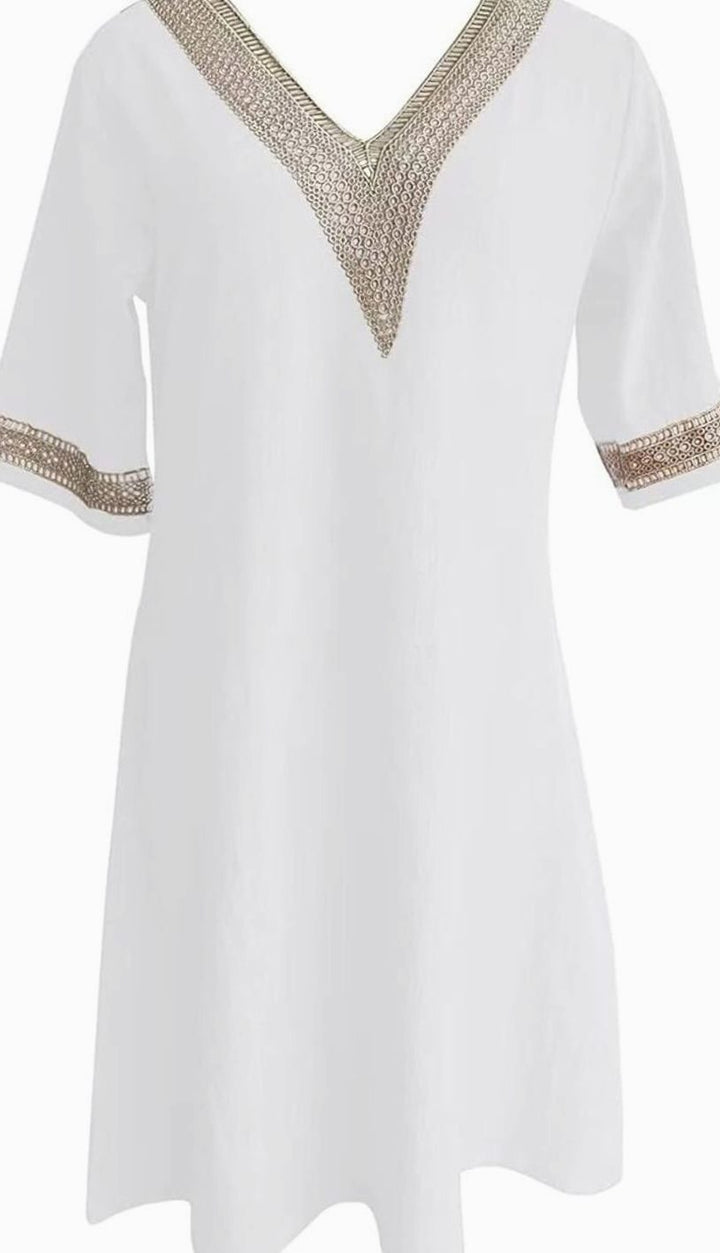 Women's Linen V-Neck Lace Trim Half-Sleeve Shift Dress
