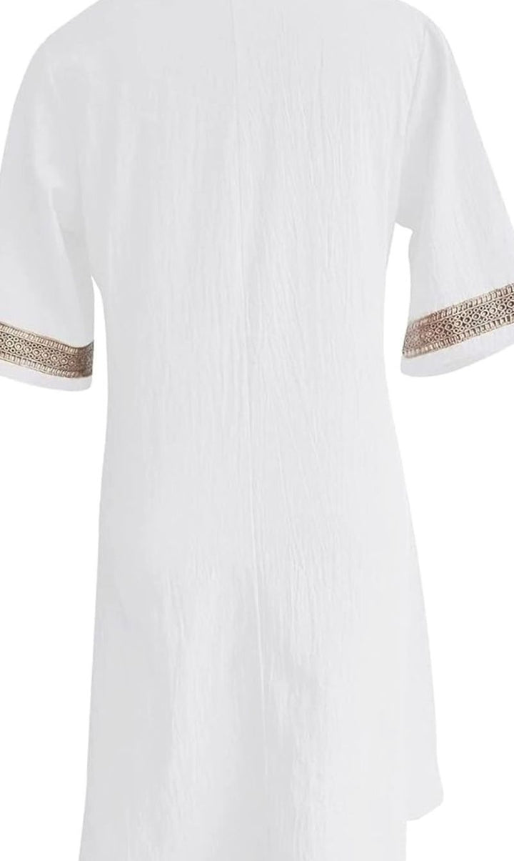 Women's Linen V-Neck Lace Trim Half-Sleeve Shift Dress