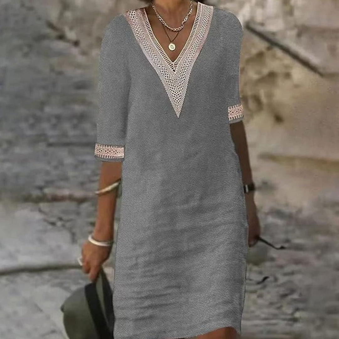 Women's Linen V-Neck Lace Trim Half-Sleeve Shift Dress - Grey