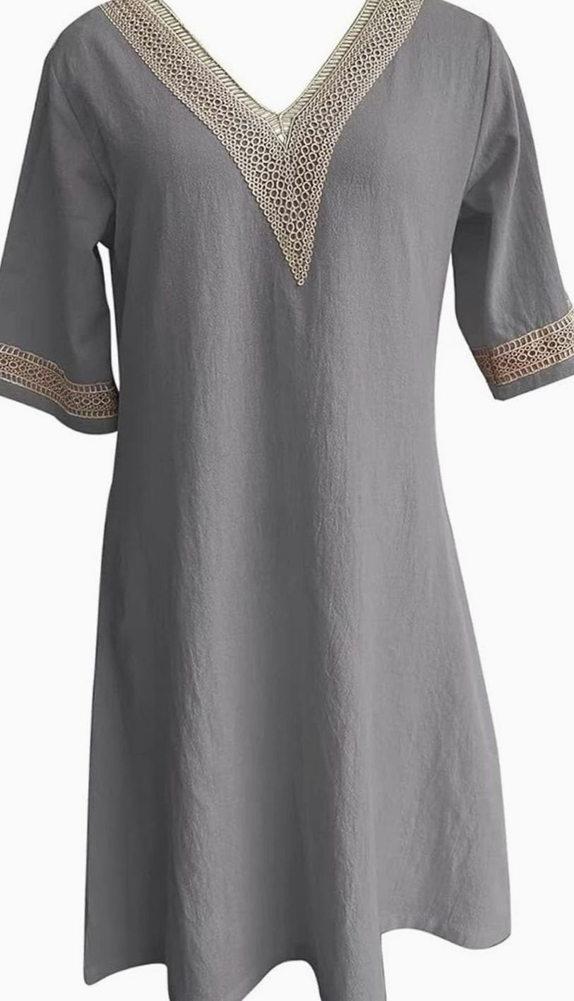 Women's Linen V-Neck Lace Trim Half-Sleeve Shift Dress