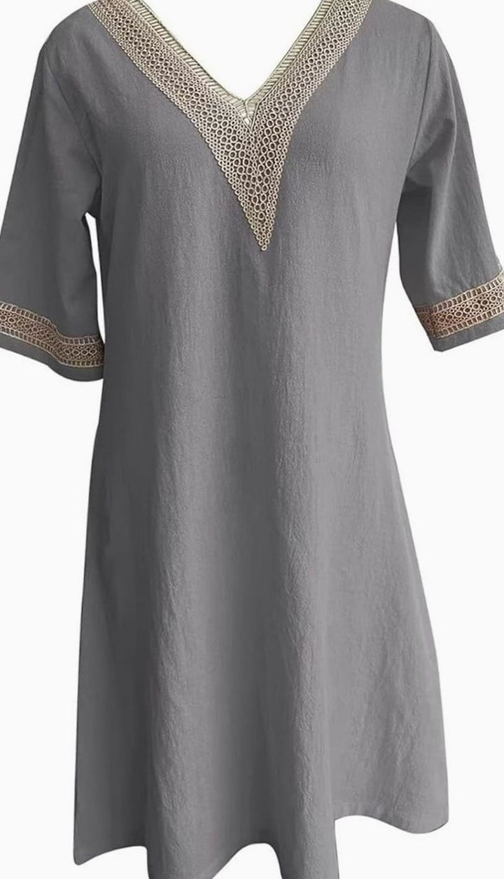 Women's Linen V-Neck Lace Trim Half-Sleeve Shift Dress