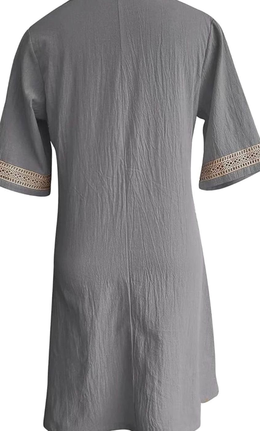 Women's Linen V-Neck Lace Trim Half-Sleeve Shift Dress
