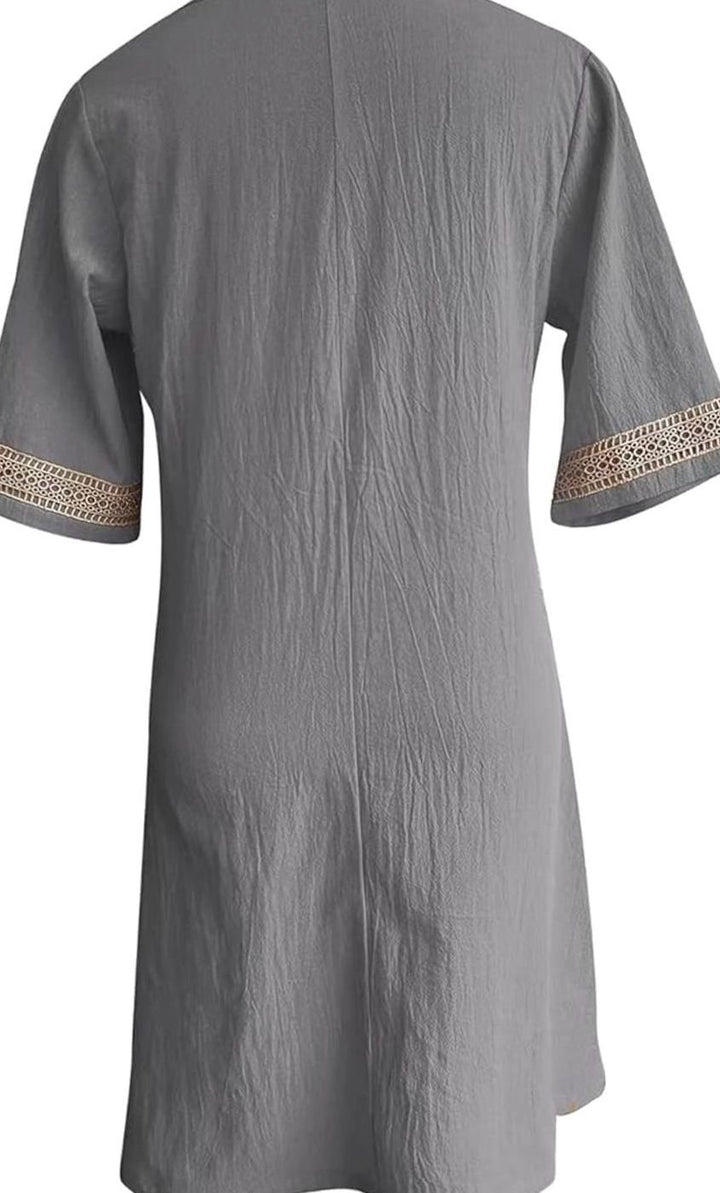 Women's Linen V-Neck Lace Trim Half-Sleeve Shift Dress