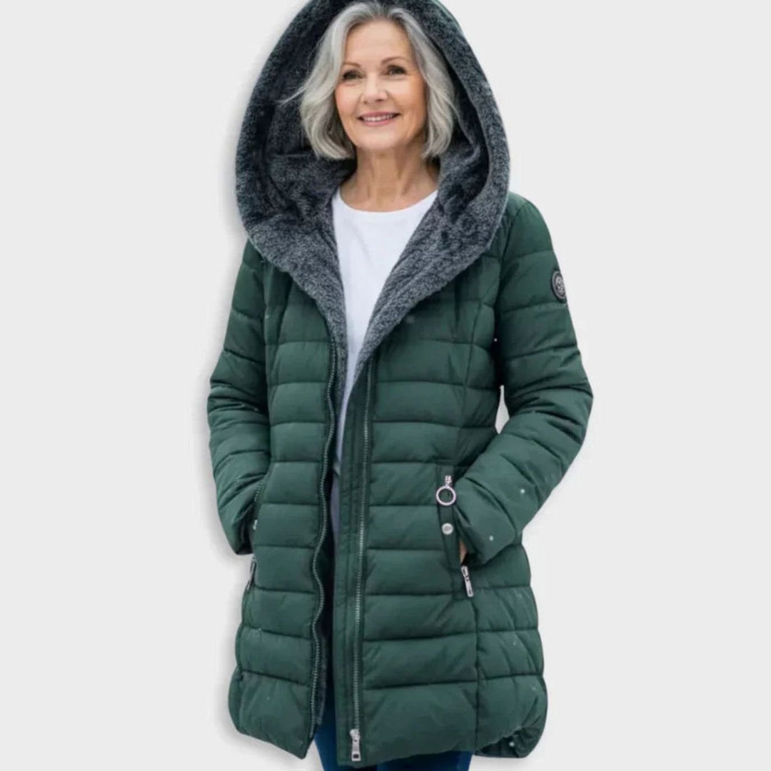 Women's Long Hooded Quilted Puffer Coat Fleece-Lined Winter Jacket - Dark Green