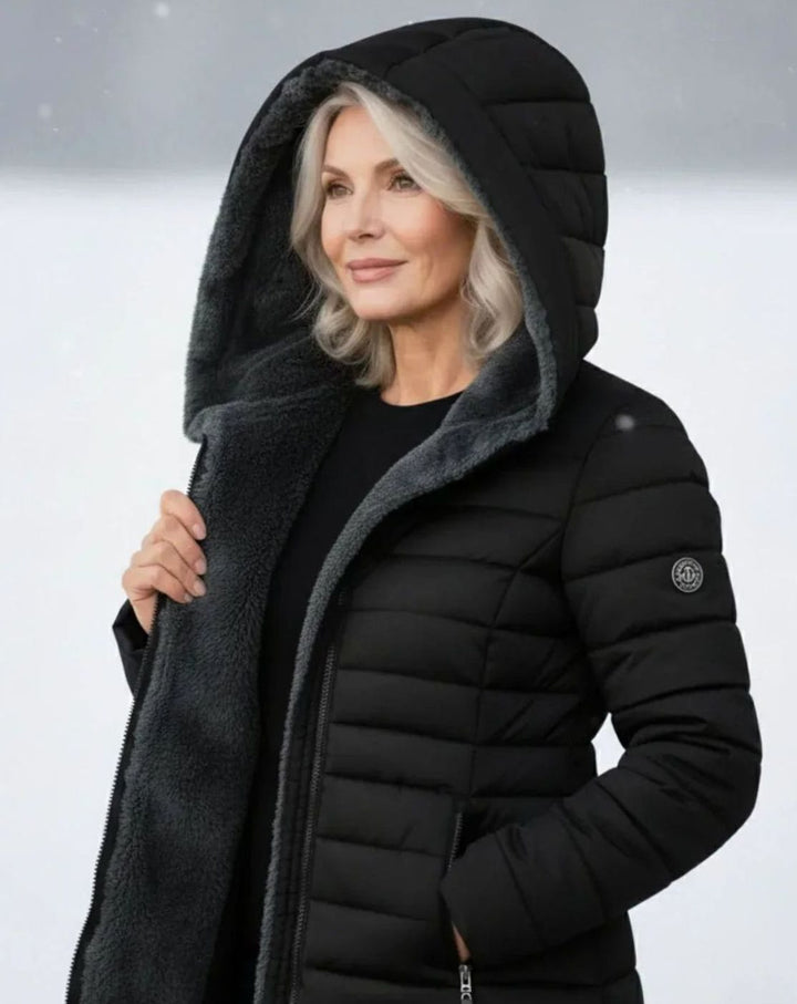 Women's Long Hooded Quilted Puffer Coat Fleece-Lined Winter Jacket