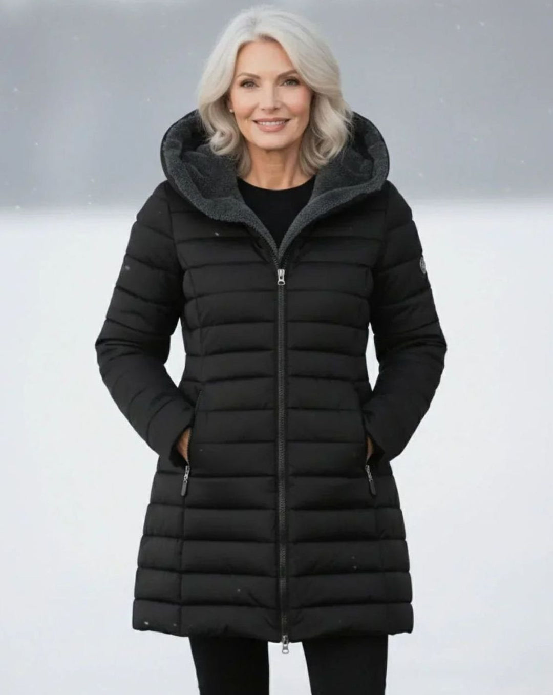 Women's Long Hooded Quilted Puffer Coat Fleece-Lined Winter Jacket - Black
