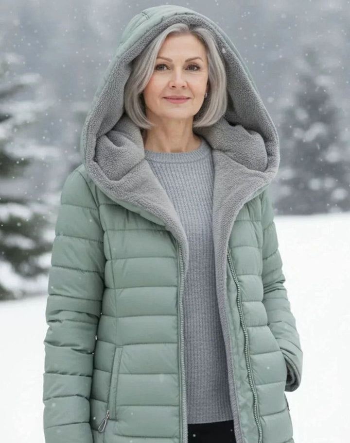 Women's Long Hooded Quilted Puffer Coat Fleece-Lined Winter Jacket - Light Green