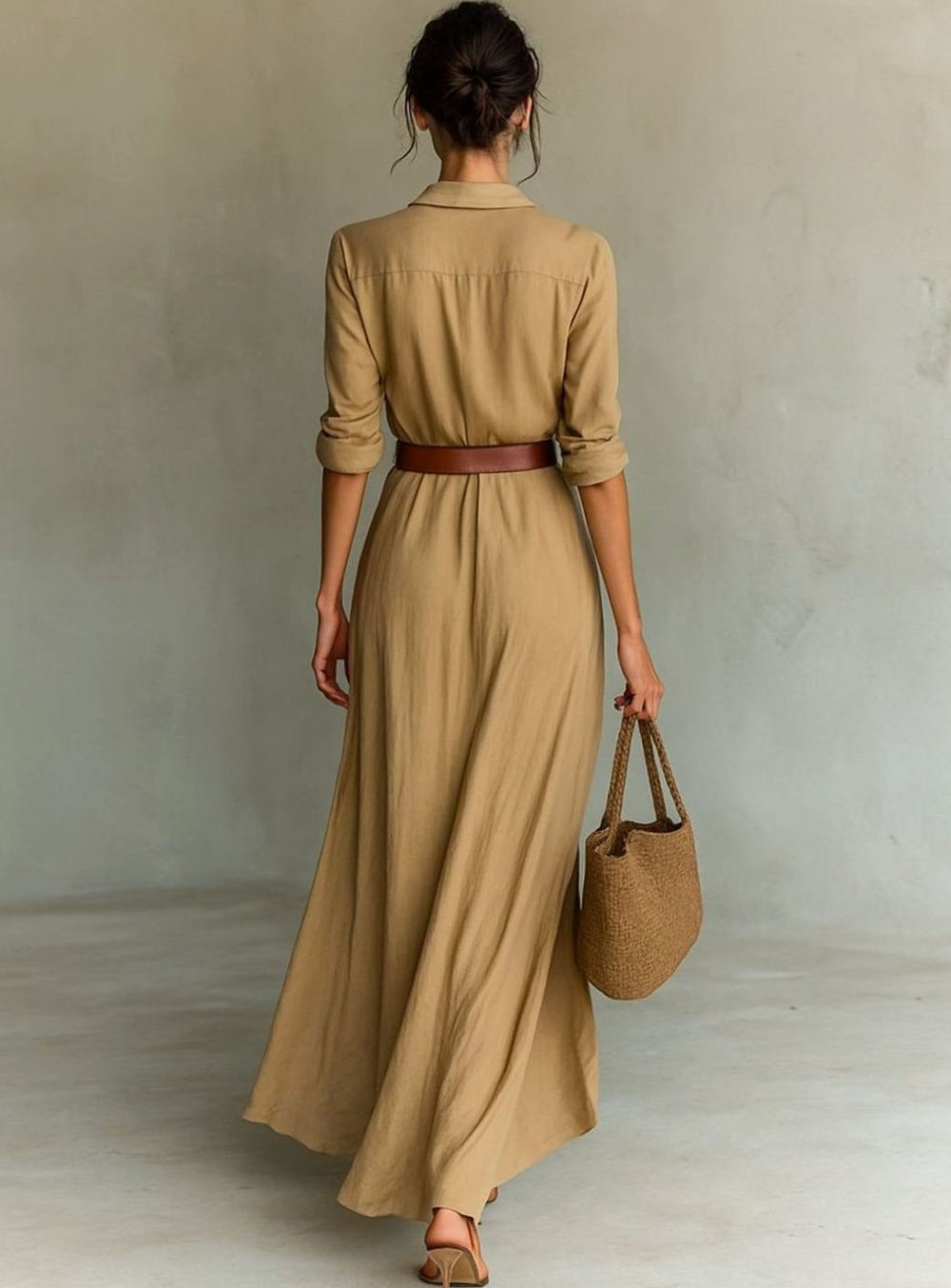 Women's Long-Sleeve Belted Shirt-Collar Flowy Maxi Dress