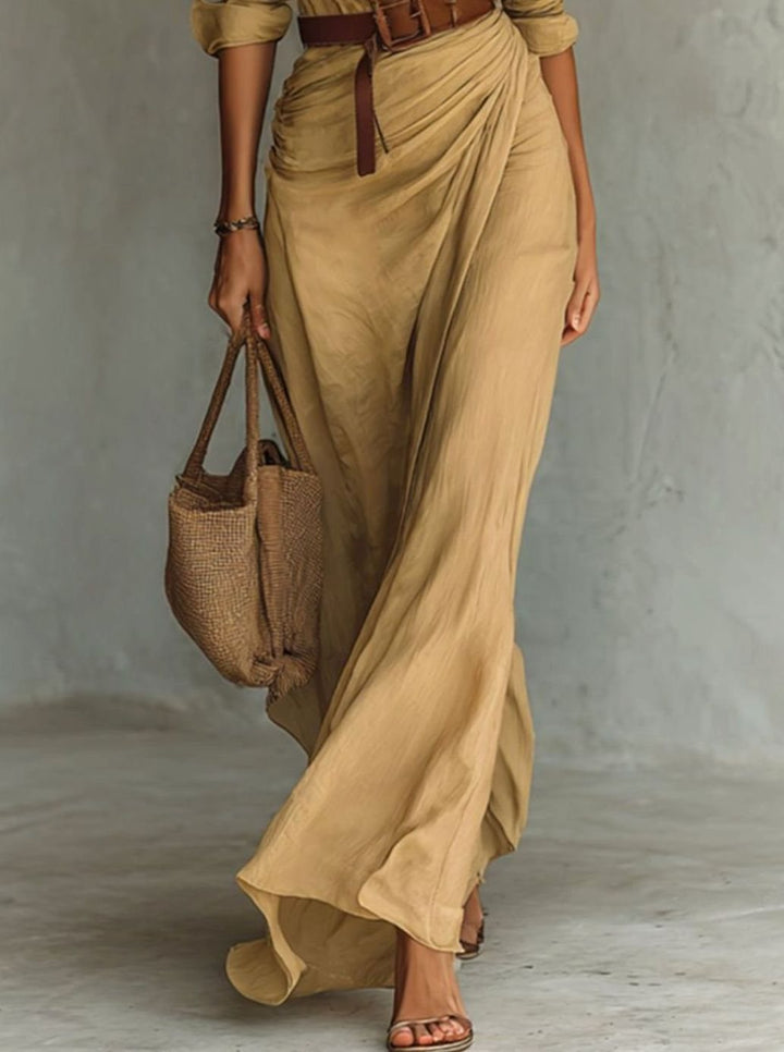 Women's Long-Sleeve Belted Shirt-Collar Flowy Maxi Dress