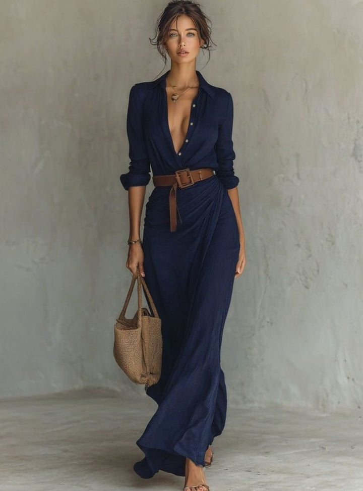 Women's Long-Sleeve Belted Shirt-Collar Flowy Maxi Dress