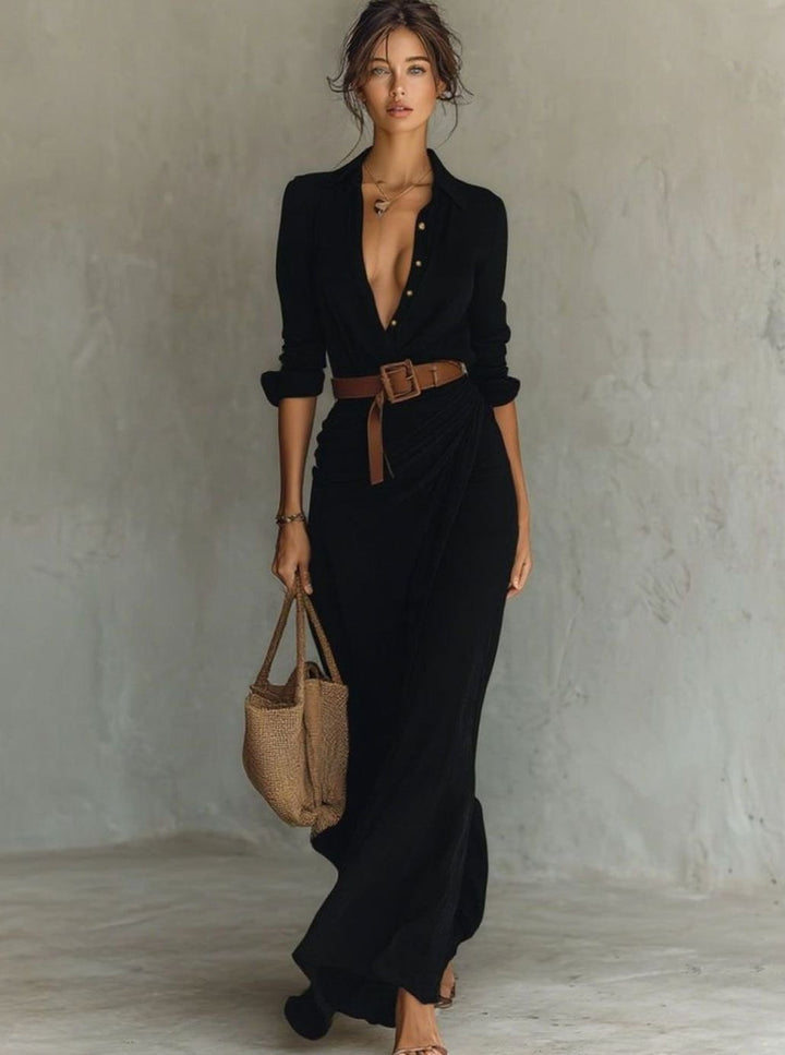 Women's Long-Sleeve Belted Shirt-Collar Flowy Maxi Dress