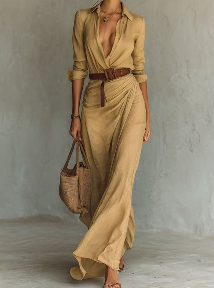 Women's Long-Sleeve Belted Shirt-Collar Flowy Maxi Dress, Khaki