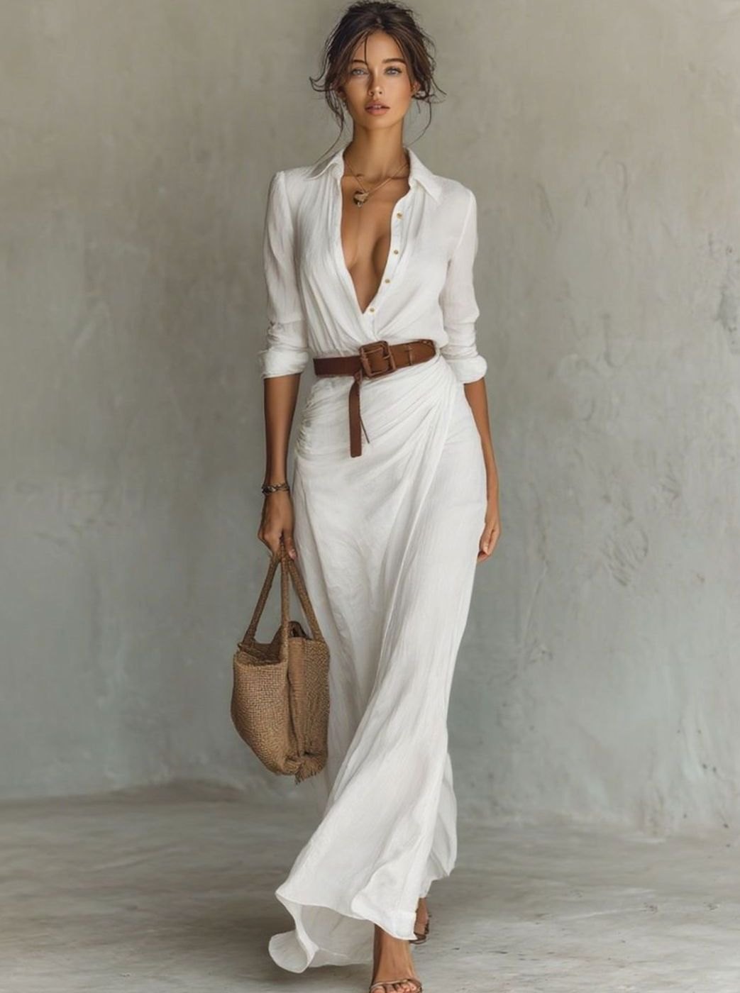 Women's Long-Sleeve Belted Shirt-Collar Flowy Maxi Dress, Khaki