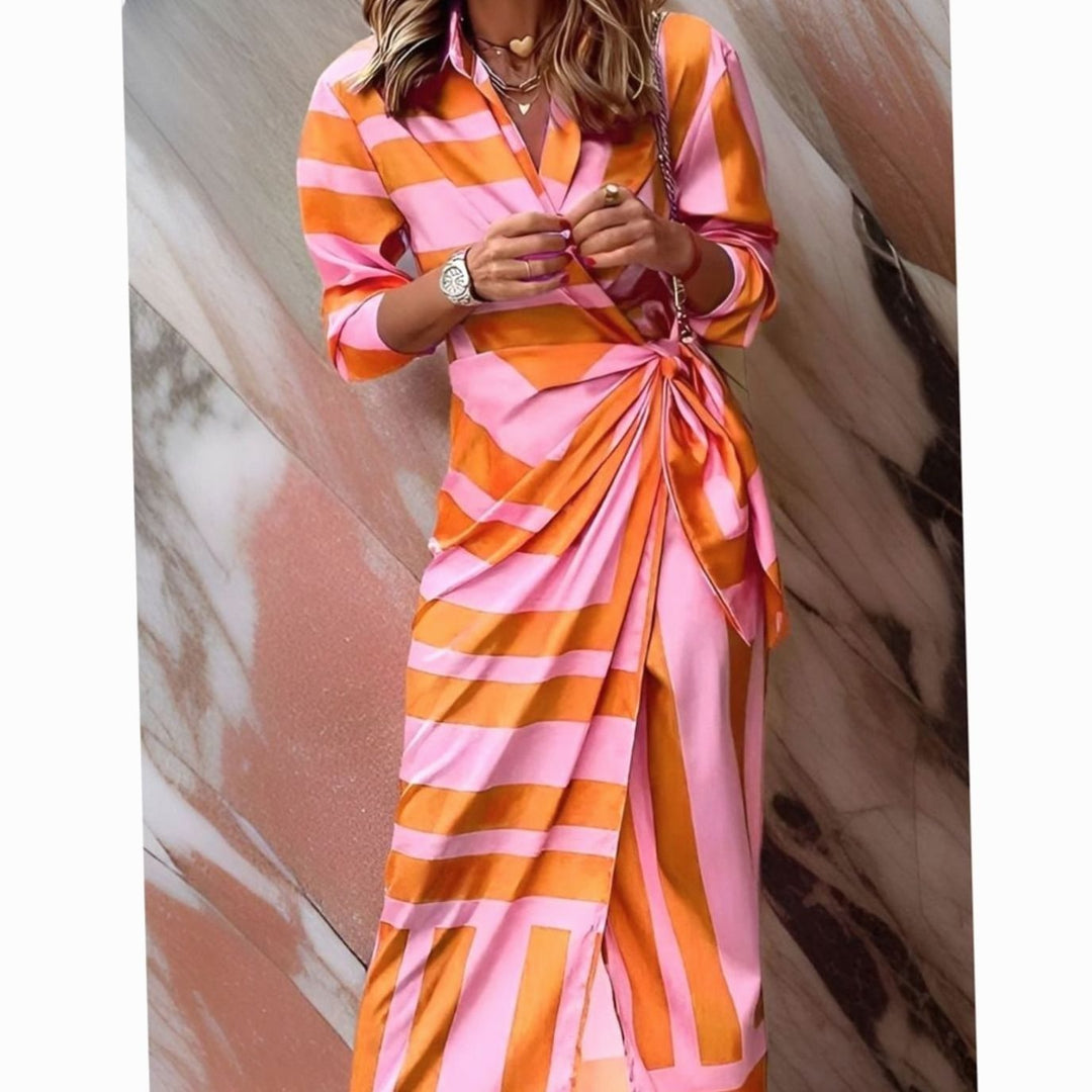 Women's Long-Sleeve Bold Stripe Wrap Midi Shirt Dress