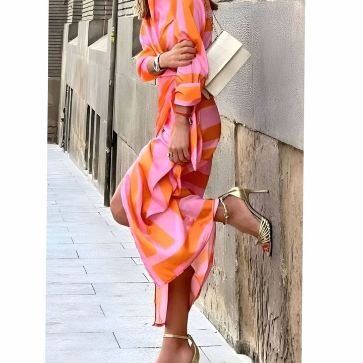 Women's Long-Sleeve Bold Stripe Wrap Midi Shirt Dress