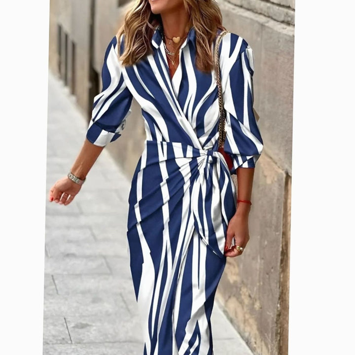 Women's Long-Sleeve Bold Stripe Wrap Midi Shirt Dress