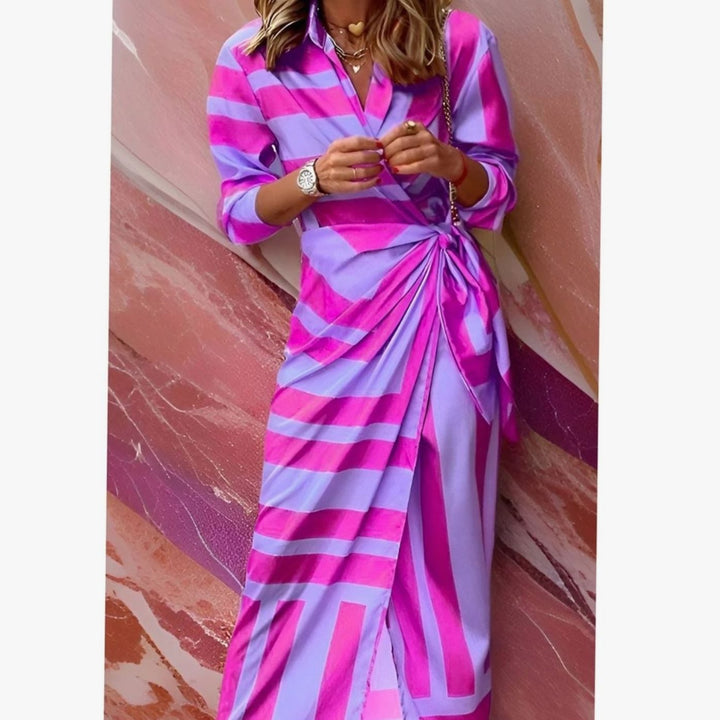 Women's Long-Sleeve Bold Stripe Wrap Midi Shirt Dress