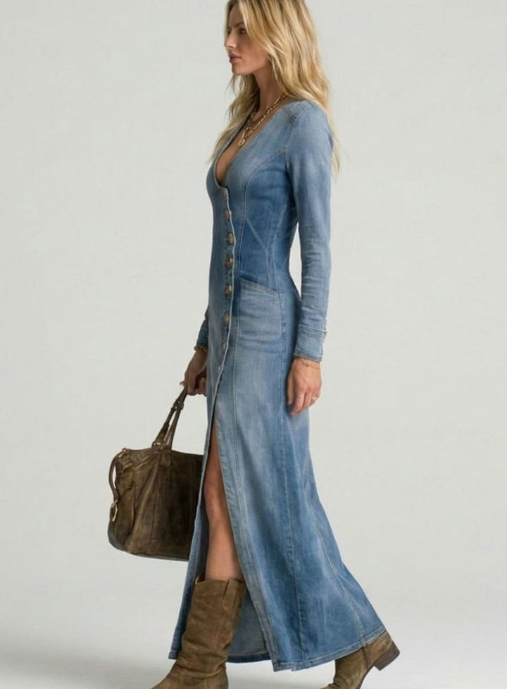 Women's Long-Sleeve Button-Front Deep V-Neck Denim Maxi Dress