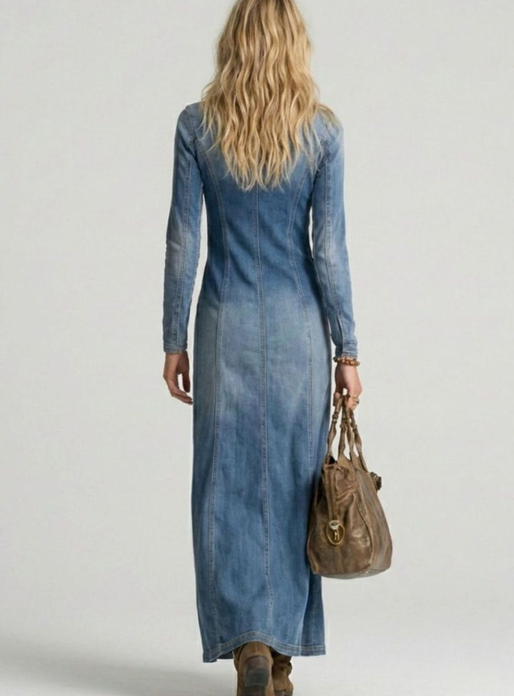 Women's Long-Sleeve Button-Front Deep V-Neck Denim Maxi Dress, Blue